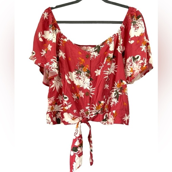 NWT Aeropostale Peasant Boho Pink Floral Tie Front Flutter Sleeve Crop Top - XL - Picture 1 of 10
